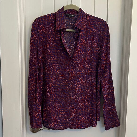 Catherine Gee 100% Silk Purple Red Abstract Print Button-Up Popover Shirt Small - Picture 1 of 7